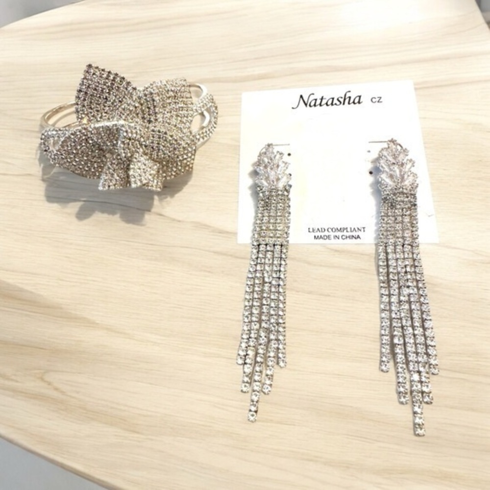 Beautiful Natasha Couture CZ Waterfall Earrings and Bracelet Lot Prom - Formal
